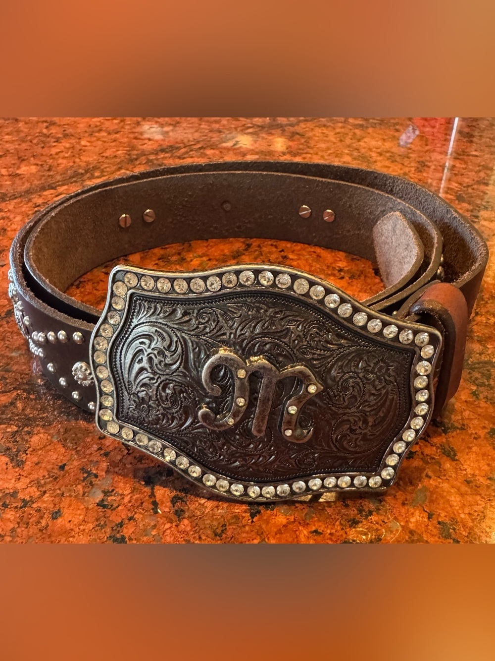 Miss Me Brown Leather Belt with Rhinestone Buckle